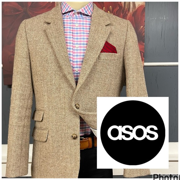 ASOS Harris Tweed Blazer Jacket Mens 44R Slim Fit Wool Herringbone Light Brown - Picture 1 of 13